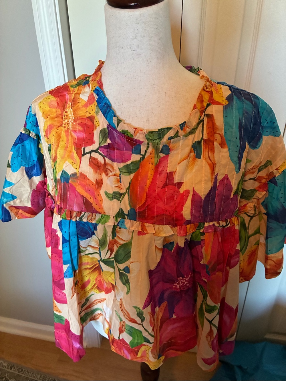 FARM Rio Multicolor Floral Cotton Peasant Blouse Size L